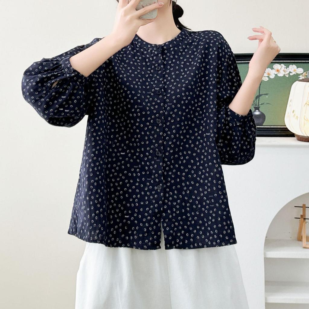 2026 Early Spring Women's Japanese Style Floral Cotton Gauze Lantern Sleeve Top