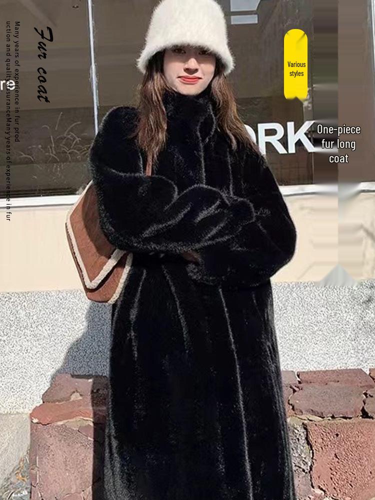 Autumn/Winter Long Stand-Collar Leather and Fur Socialite Wool Coat