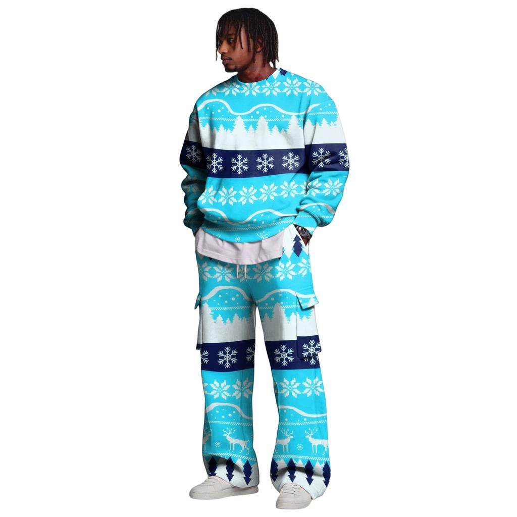 Men's Layer Crewneck Sweatshirt and Cargo Pants Set with Elastic Waist