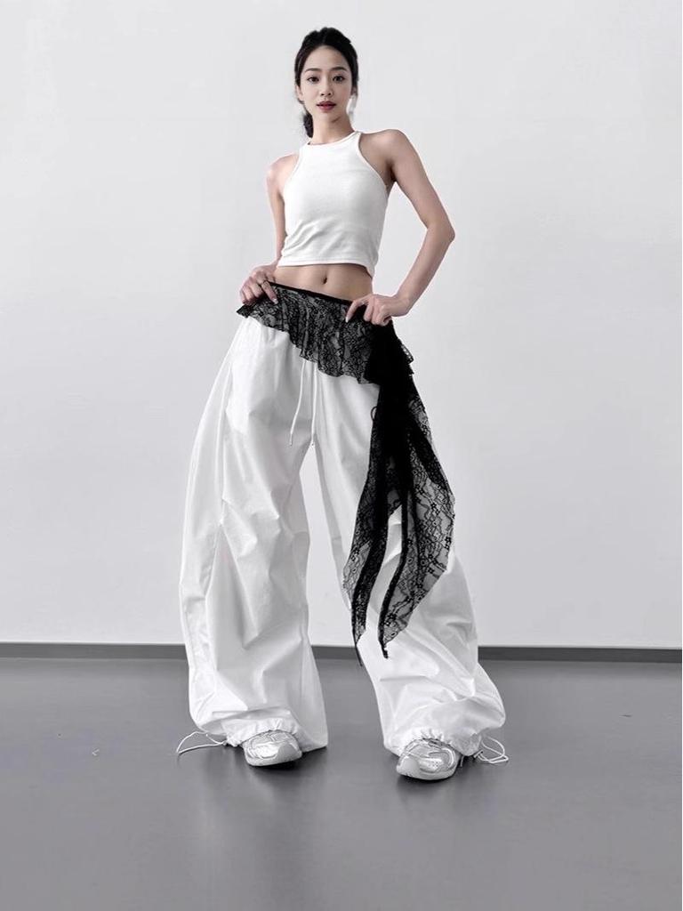 High-Waist Lace Splicing Wide-Leg Street Dance Pants for Women - Spring/Summer Casual Sportswear