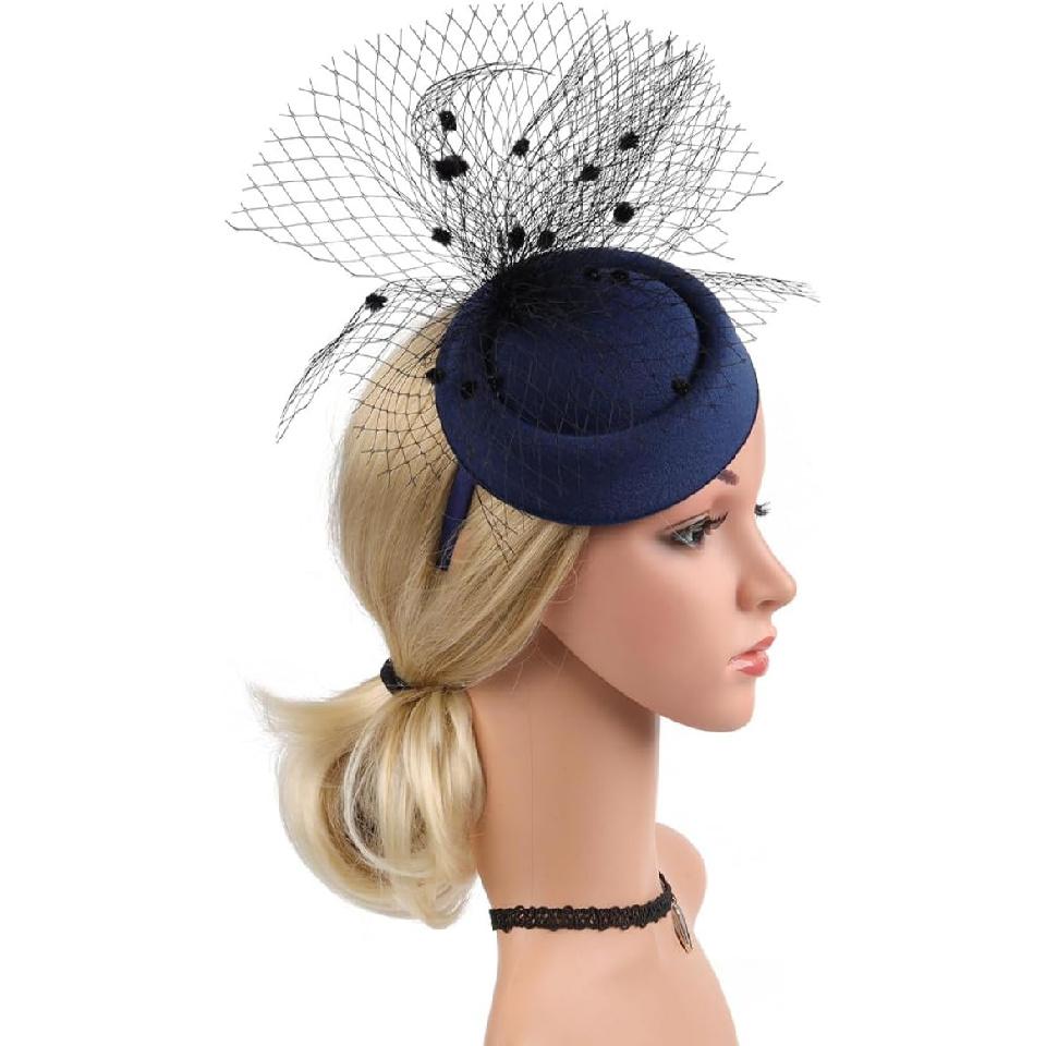 Navy Blue Fascinator Hat with Veil Mesh, Headband and Clip for Women, Dressy Tea Party and Wedding Accessory, Fashionable Cocktail Hat for Special