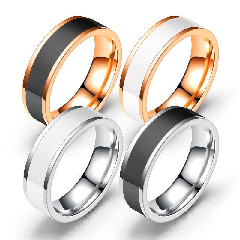 Fashion 6mm Rose Gold Color White Black Enamel Charm Ring for Woman Man Wedding Jewelry Gift 316L Stainless Steel Never Fade