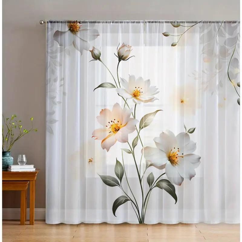 2 szt. miękkie i eleganckie jasnobiałe zasłony kwiatowe: nadaje się do nauki/codziennego użytku   prosty styl   styl słupkowy