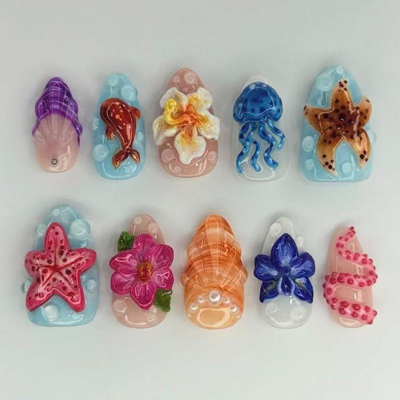 24 STUKS Zomer Kleurrijke Oceaan Amandel Nepnagels Schattige 3D Bloemen Kwallen Schelp Press on Nails Strand Vakantie Stijl Acryl Nagels