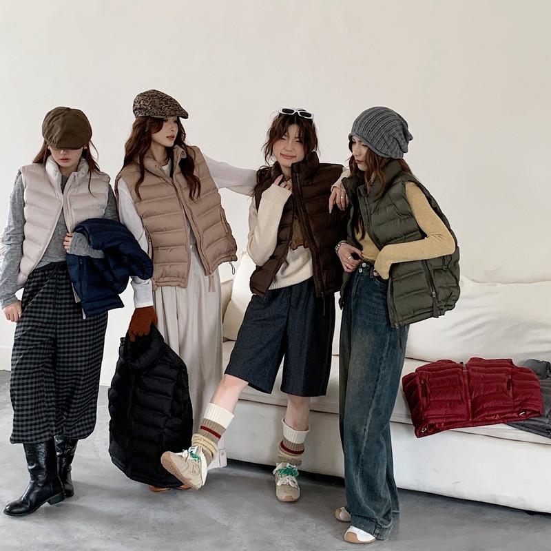 Cotton Vest Women's Autumn and Winter New Stand-up Collar Short Cotton Vest Pocket Zipper Light and Slim Vest