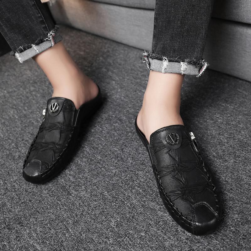 :Fashion Leather Men’s Half Slippers Breathable Mens Casual Shoes Outdoor Men Loafers Lazy Shoes Flats Comfortable Male Sneakers