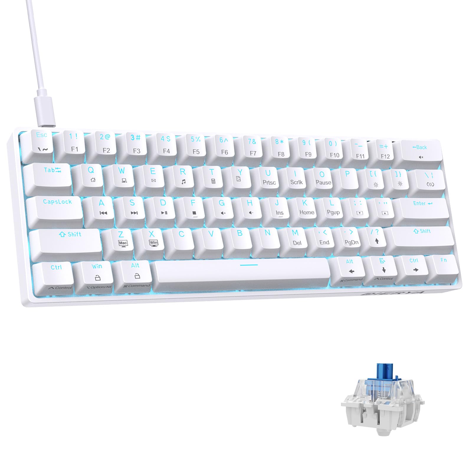 

DIERYA Gaming Keyboard Blue Axis Mini Small Mechanical Keyboard Layout 61 Keys English Layout Wired Keyboard Detachable USB C Power Cable For Windows