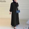 ZANZEA Women Casual O-neck Loose Long Sleeve Pleated Dress