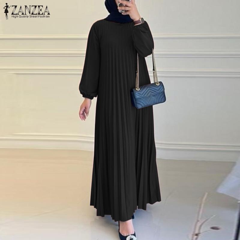 ZANZEA Women Casual O-neck Loose Long Sleeve Pleated Dress