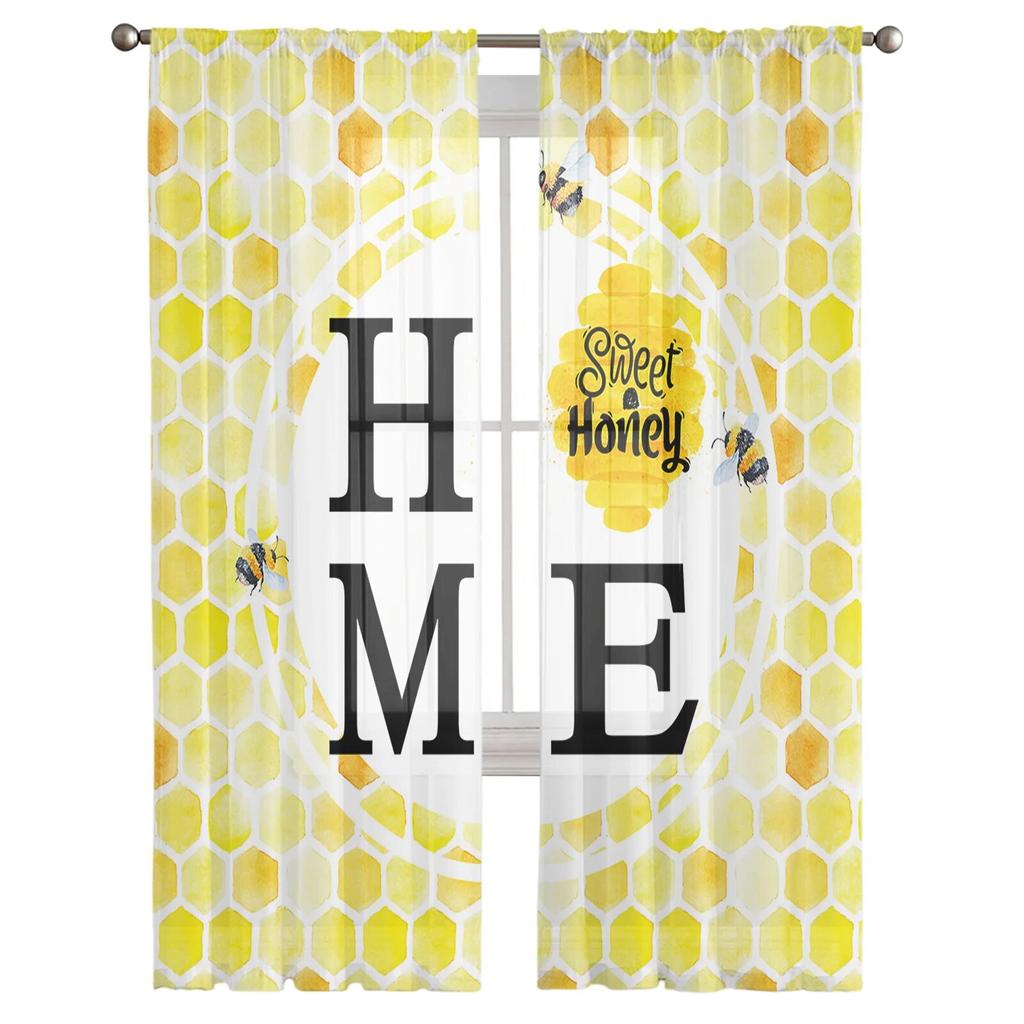 Transparente Vorhänge mit Bienenstock-Aquarellmuster für Wohnzimmer, Schlafzimmer, Kinderzimmer, Tüll-Fenstervorhänge