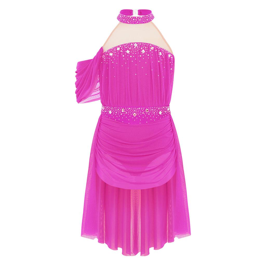 Girls Performance Dress Lyrical Costume Halter Backless Cutout Back Rhinestone Detail Ruched Mesh Draped Skirt