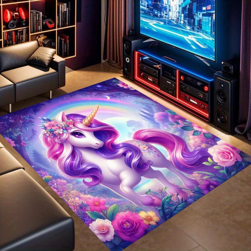 Rainbow Unicorn Floral Print Non‑Slip Rug, Fantasy Art Decor Carpet for Living Room Bedroom Home Decoration