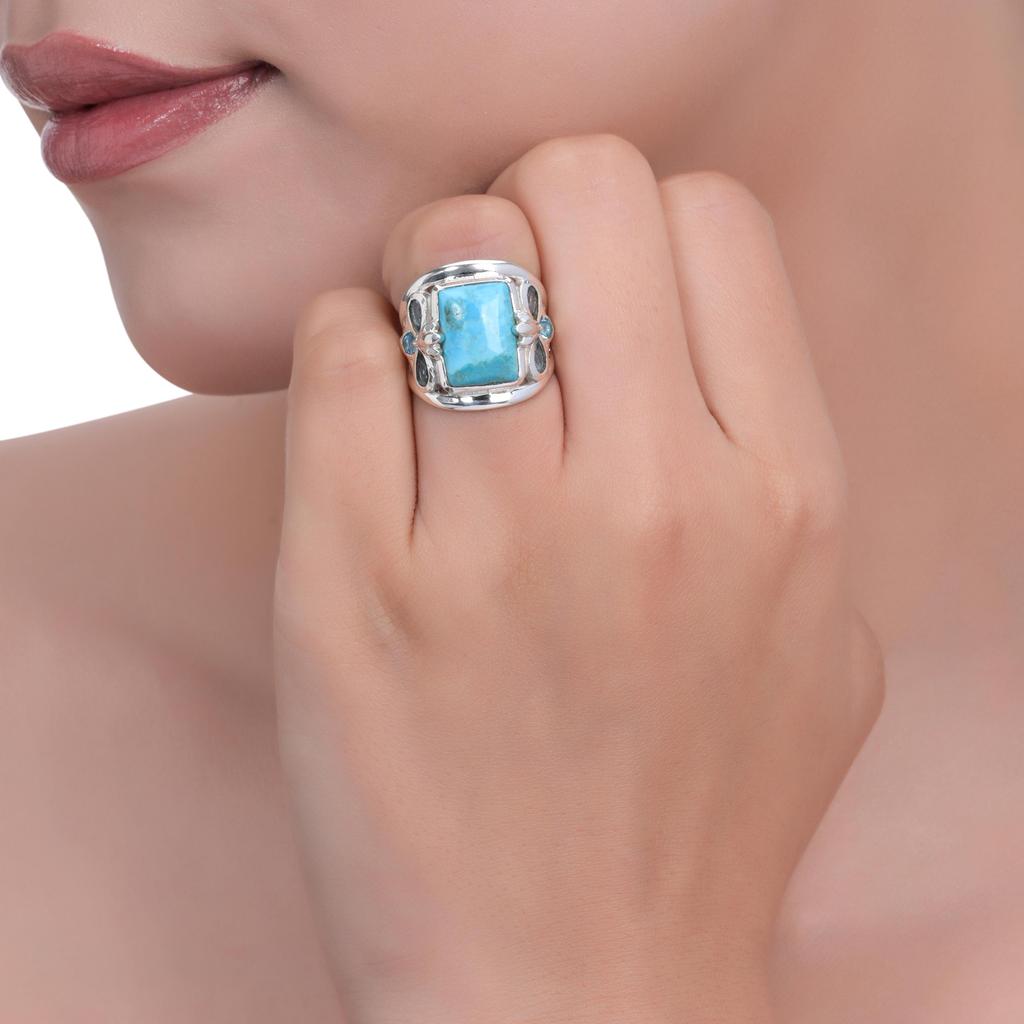 Naturtürkis aus Mojave und Schweizer Blautopas Ring in 925 Sterlingsilber - Statement Schmetterlingsdesign - Schmuck-Geburtsstein Dezember Geschenk für Frauen