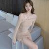 Women Dress Slash Neck Sexy Dress Hanging Drawstring Solid Color Long-sleeved Dress Clubwear