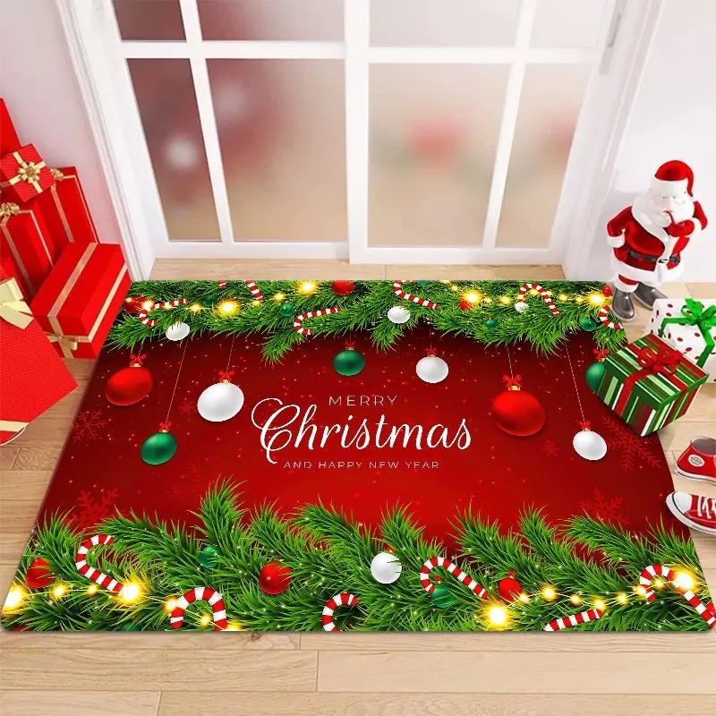Weihnachts-Fußmatte mit festlichen Mustern wie Schleifen Stechpalmen Weihnachtsmann Rentier Karomuster Geweih Rutschfest Willkommen Eingang Ru