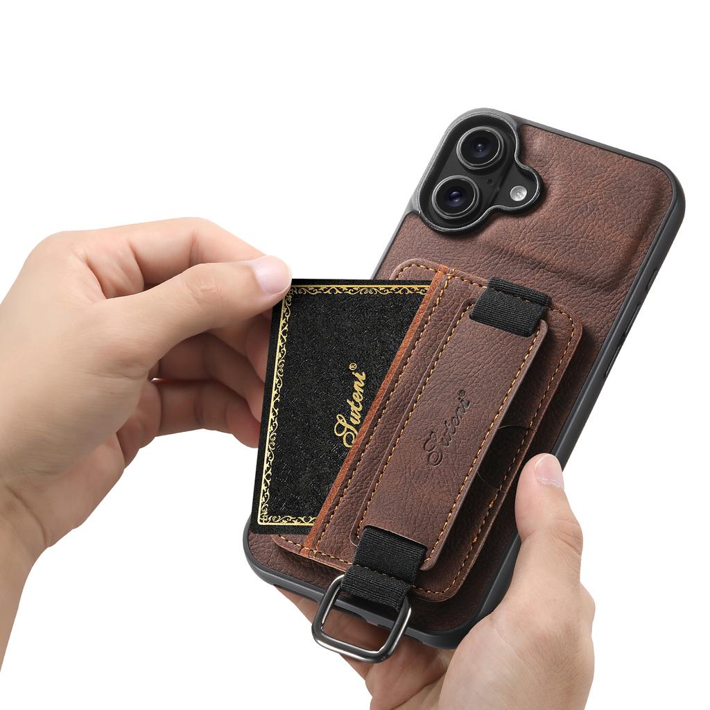 SUTENI H13 For iPhone 16 Case Litchi Texture Leather+TPU+PC Cover with Card Holder Kickstand
