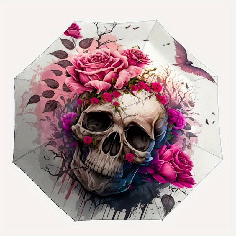 1pc Floral Skull Design Pattern Automatic Umbrella is Fashionable and Good-Looking, Suitable for Travel and Daily UseA014