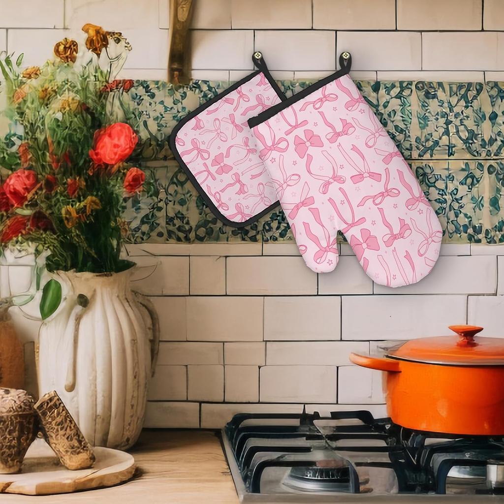 Pink Bow Coquette Decor Oven Mitts and Pot Holders Sets, PinkCoquette Preppy Kitchen Accessories Sets, Pink Ribbon Bow Preppy Heat Resistant Oven
