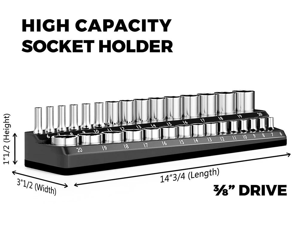 6-Piece Magnetic Socket Holder Set, Plastic Socket Organizer Tray with Magnetic Strips, Metric and SAE Sizes