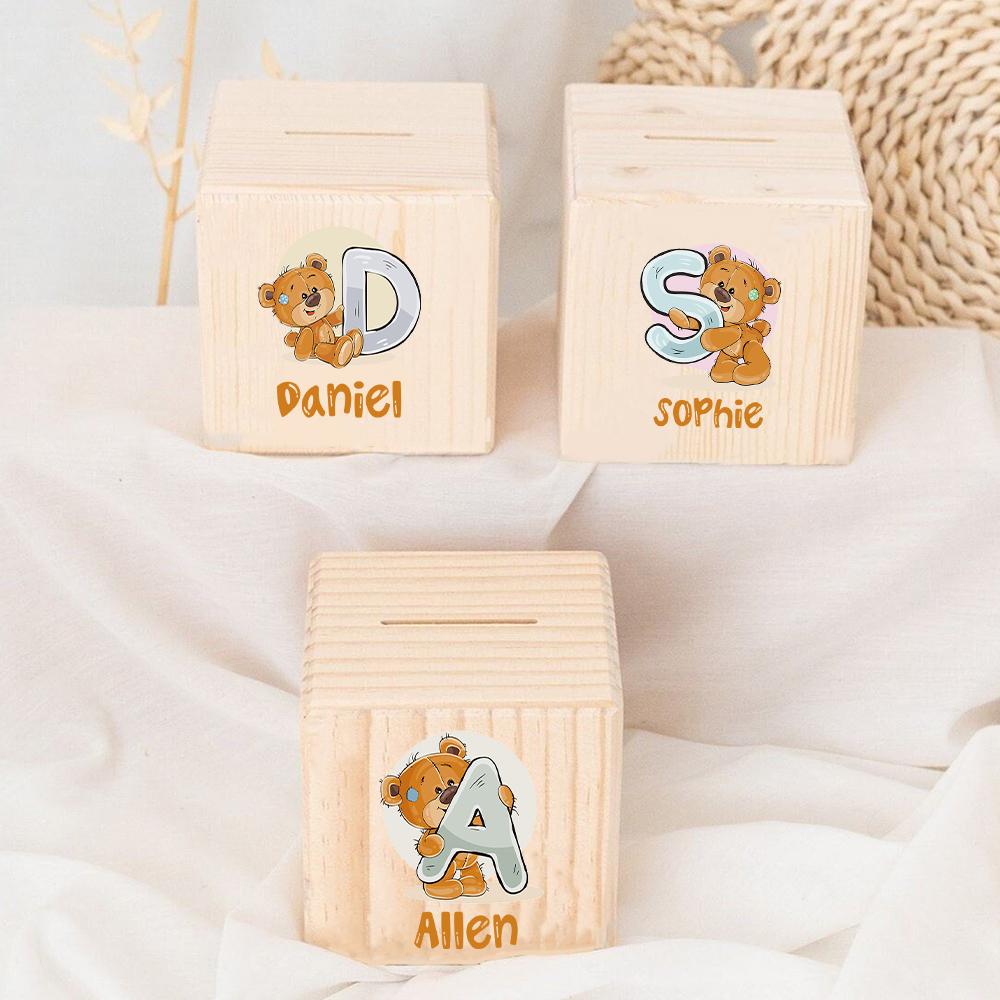 Personalized Money Box Initial with Name Wooden Money Boxes Child Coin Bank Birthday Holiday Gifts for Kids Coin Collection Case