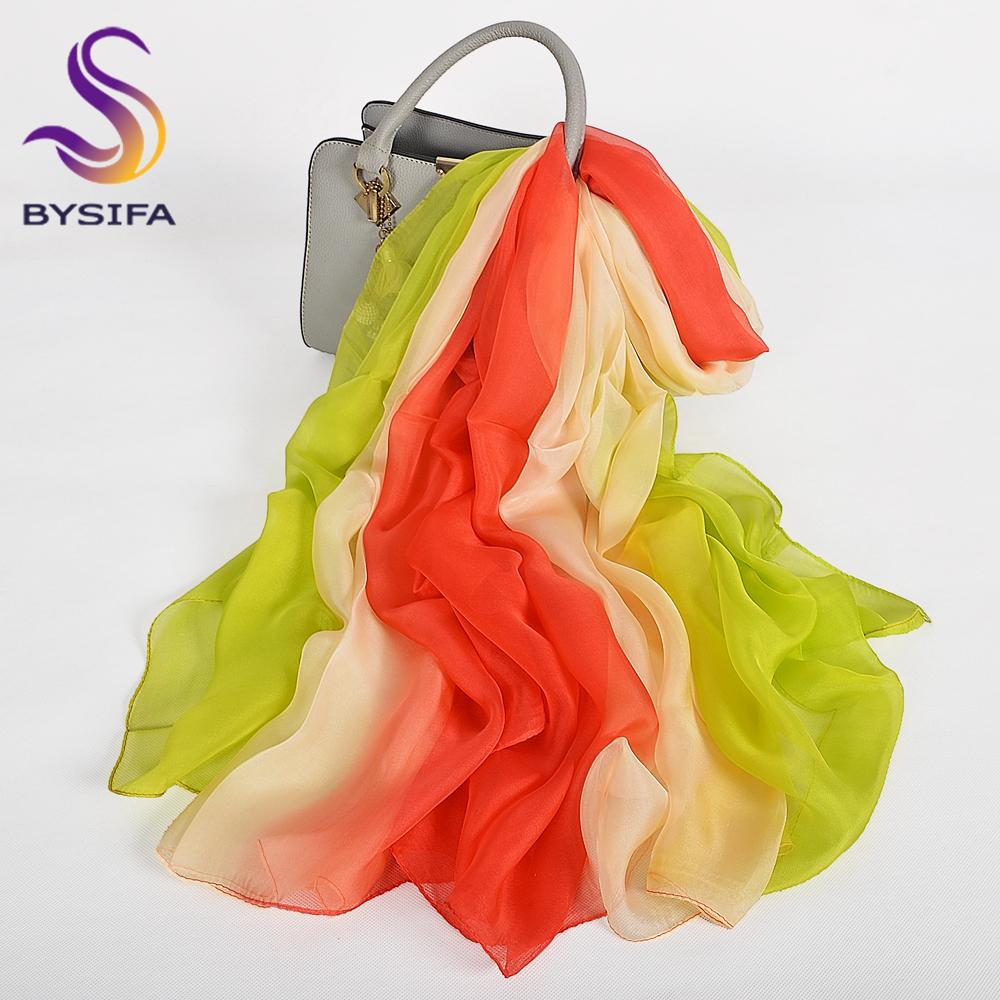 BYSIFA|Fall Winter 100% Silk Long Scarves Shawls Green Yellow Pink Grey Female Gradient Color Neck Scarf Summer Silk Scarf Cape