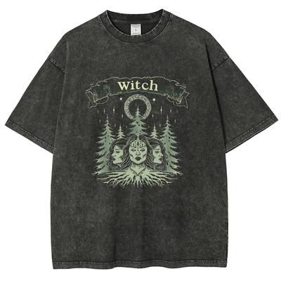 Vintage Style Three Witch Print Women's T-Shirt Oversized Washed Tees Summer Selling Unisex Niche Design Short Sleeve