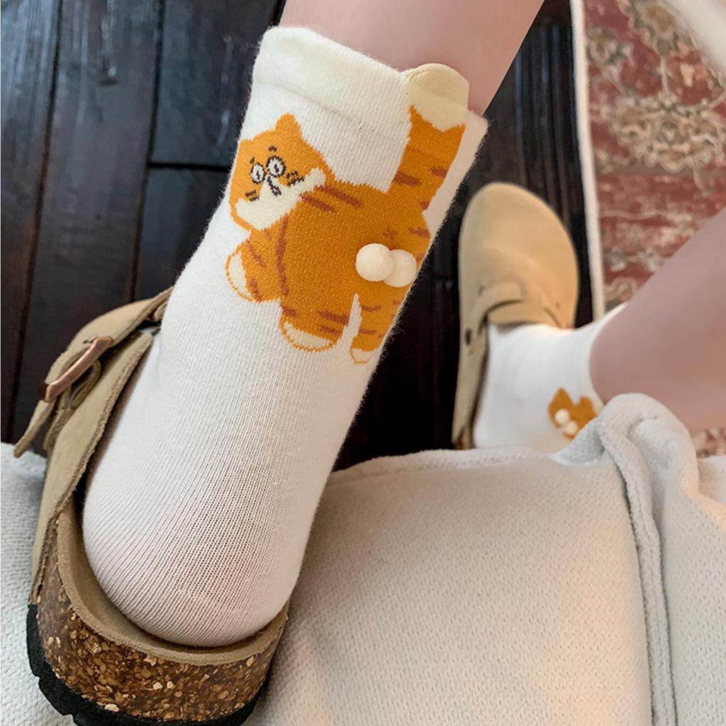 Japanese Style Cute Cartoon Cat Socks - Women's Mid-Calf Pure Cotton Funny Summer Outerwear