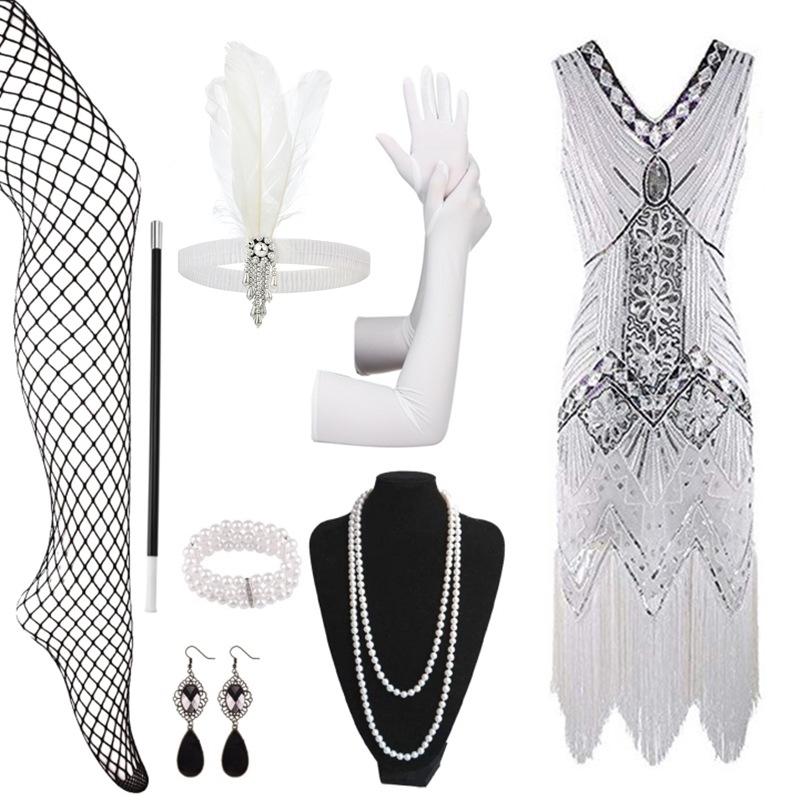 Hot Sale Vintage Sequins Tassel Dress Prom Evening Dress Accessories Set