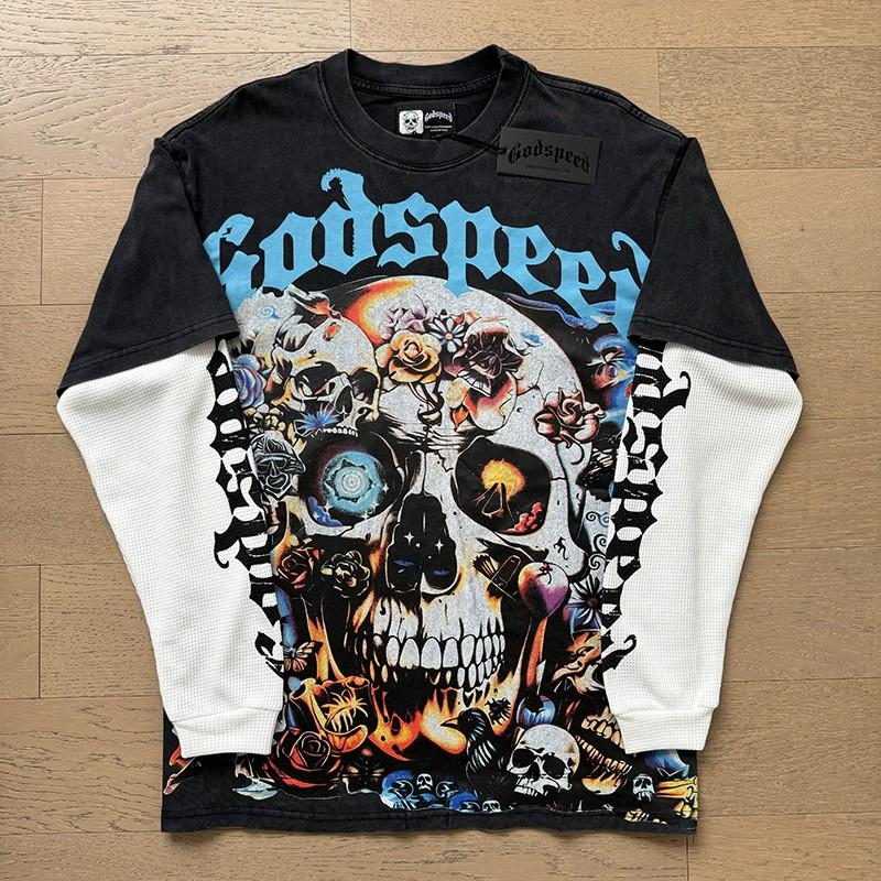Mens Oversized Cotton Long Sleeve Tee With Skull Graphic Print Streetwear Rock Band Style Loose Fit Teens Adults