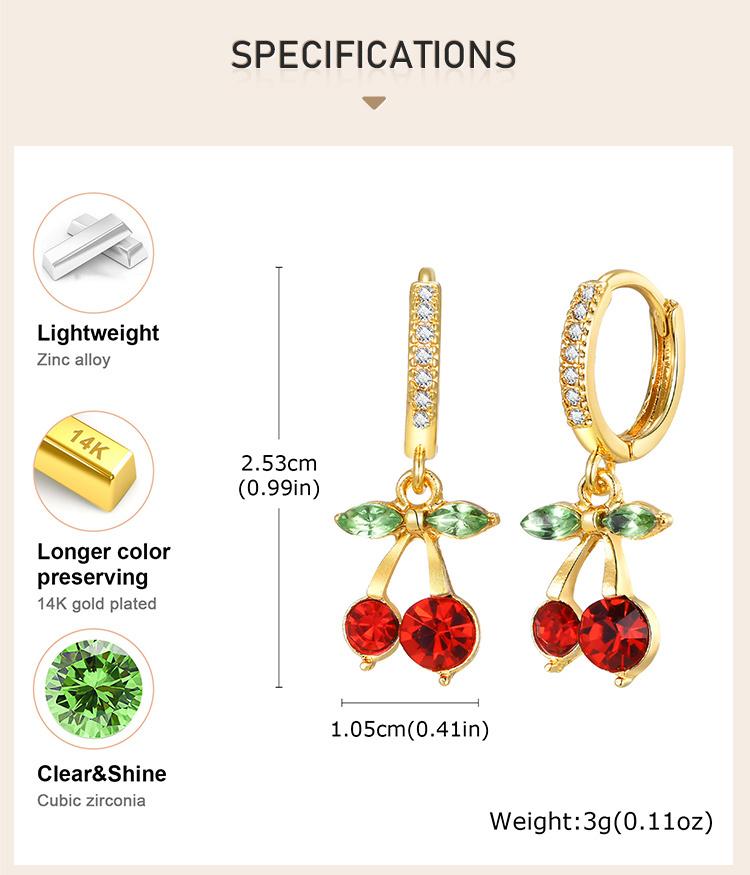 Orecchini Pendenti con Zirconia Ciliegia per Donna, Gioielli Pendenti a Forma di Frutto Placcati Oro, Dolce Orecchino Personale per Ragazze