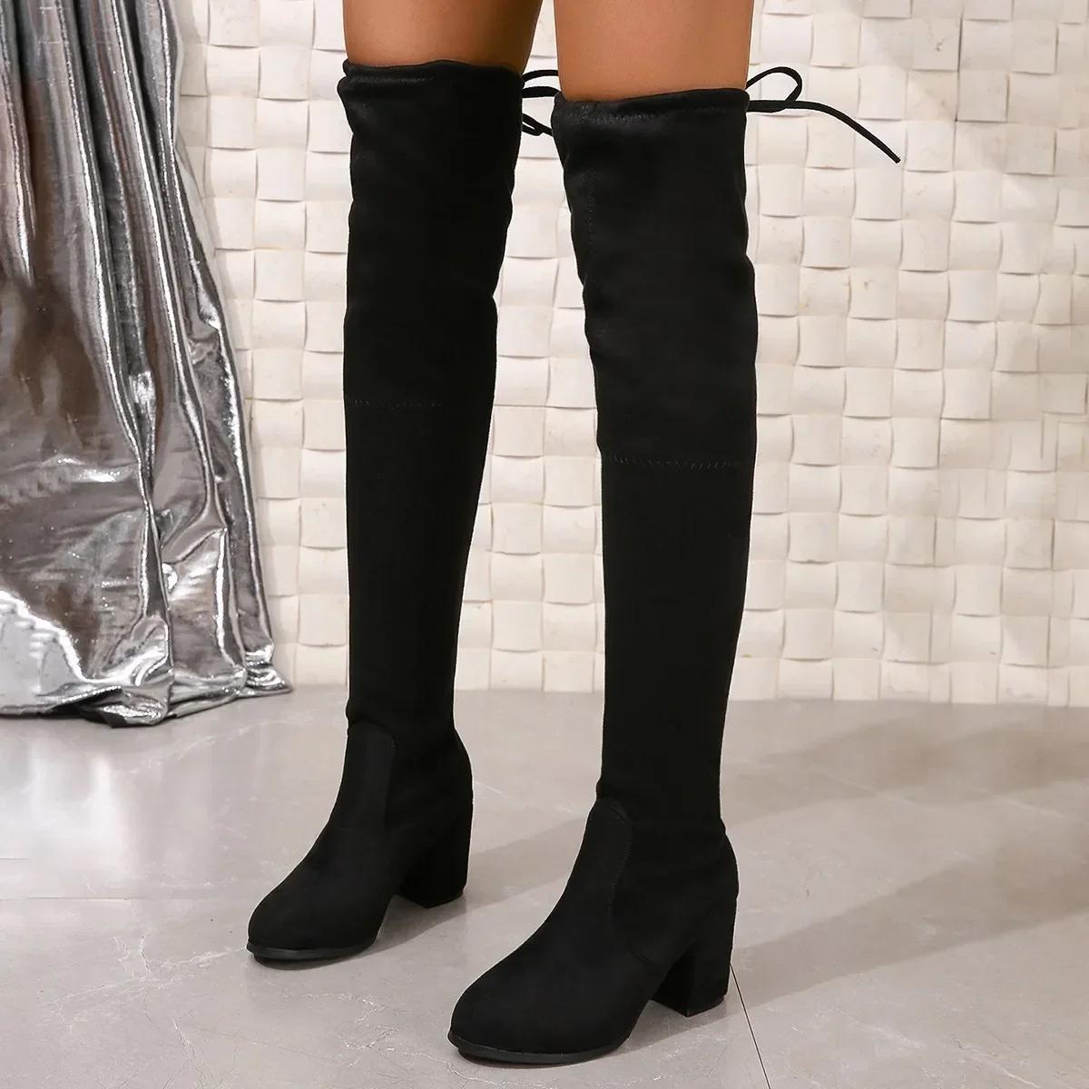 

Модные женские туфли на каблуках из искусственной замши, новые зимние эластичные сапоги до колена для женщин, сапоги-трубы со шнуровкой, высокие сапоги на толстом каблуке, черные, Botas Mujer 35 чёрный