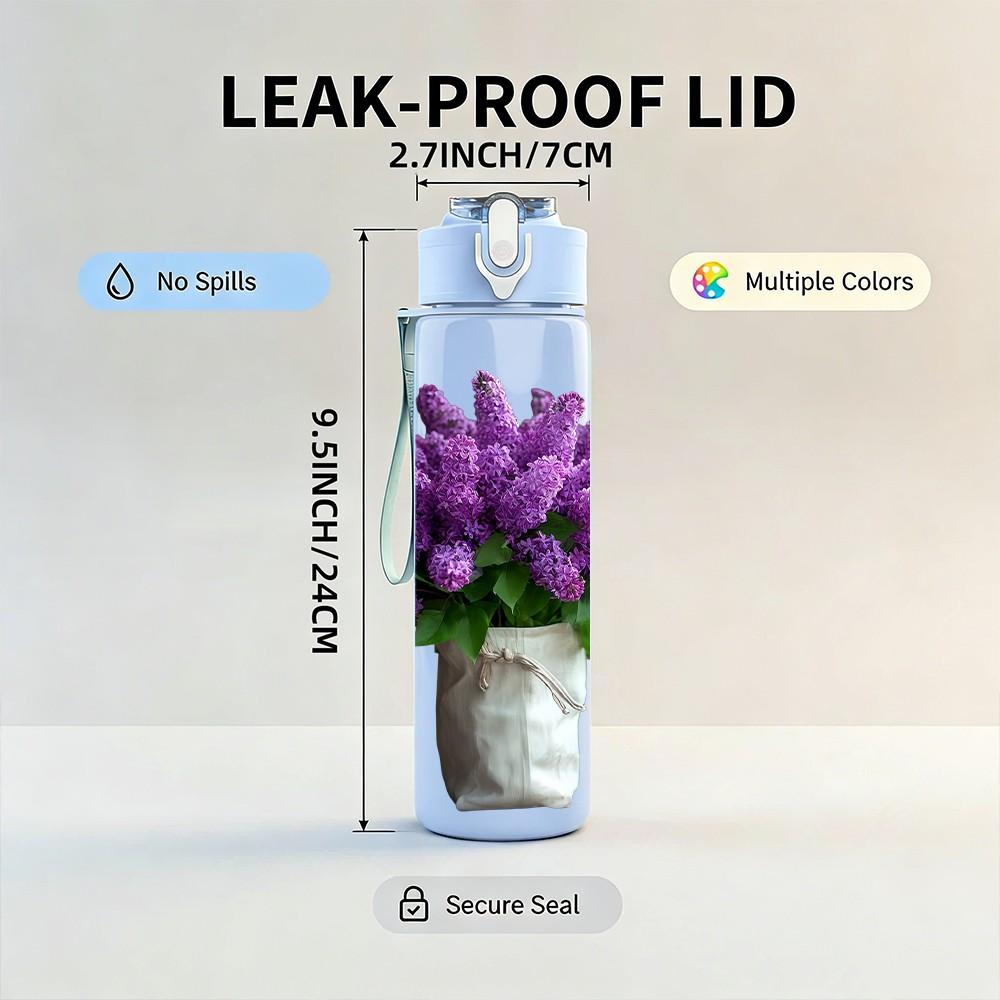 1PC Purple Lavender In Ceramic Pot Print 750ml Color Plastic Sports Water Bottle Leakproof Flip Straw Lid Suitable for Sports Office Home Use