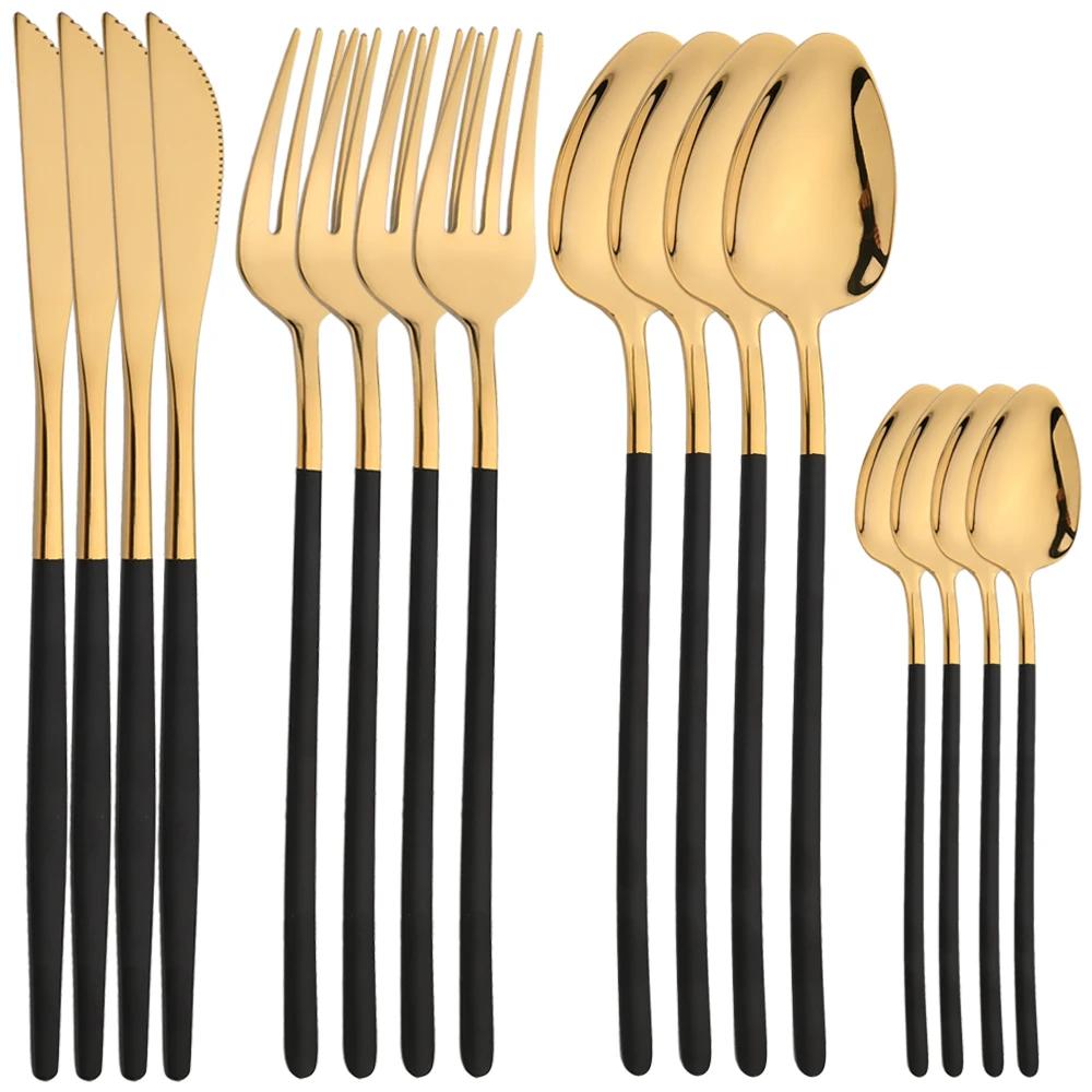 16dílná sada příborů z nerezové oceli, nádobí, nůž, vidlička, lžíce, zrcadlo, zlatý příbor, balíček, kvalitní sady příborů