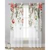 Cortinas de tul transparentes para ventanas, salas de estar, cocinas, cortinas de gasa con bolas de Navidad, hojas de abeto y flor de pascua