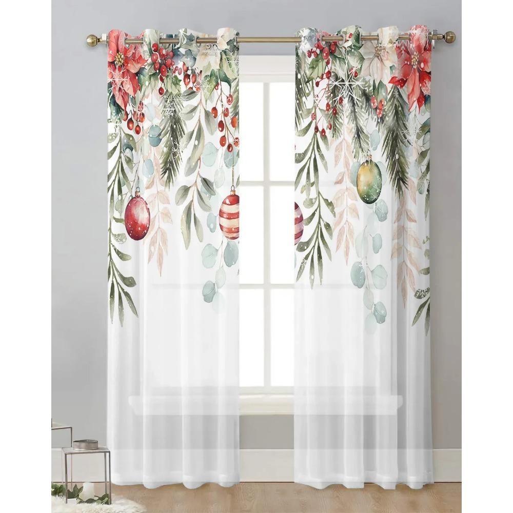 Cortinas de tul transparentes para ventanas, salas de estar, cocinas, cortinas de gasa con bolas de Navidad, hojas de abeto y flor de pascua
