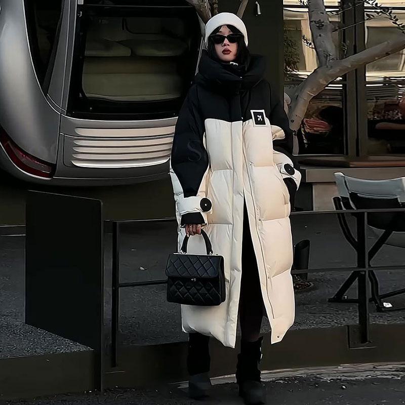 Fashion Trendy Brand Down Jacket Women's Length 2025 Winter Thickened Over the Knee Color Matching Large Quilt White Duck Down Couple Jacket
