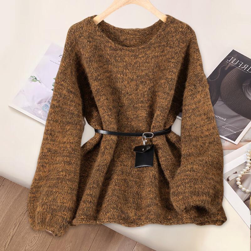 Women's Loose Fit Round Neck Long Sleeve Wool Blend Knitted Top