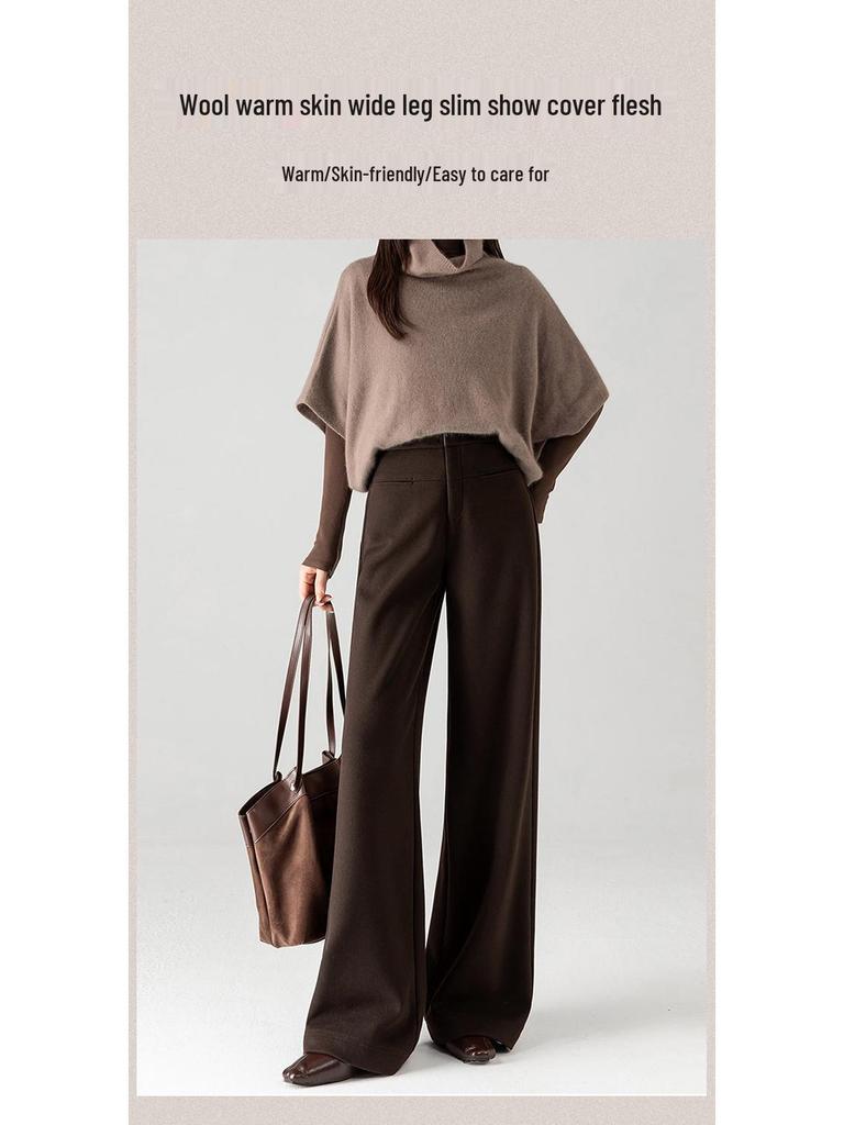 Elegant High-Waisted Wool Wide-Leg Pants for Women - Winter 2025 Style, Thickened A-Line, Casual and Loose Fit