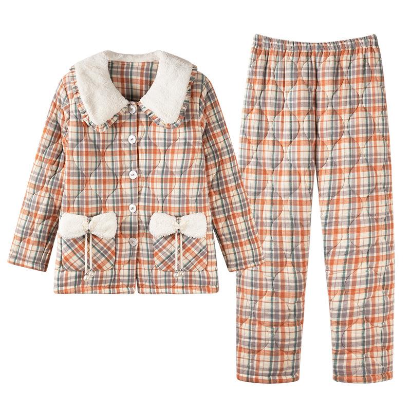 Pajamas Women'S Winter Three-Layer Thickened Velvet Woven Cotton Padded Autumn And Winter Models Can Be Worn Outside Warm Loungewear Set