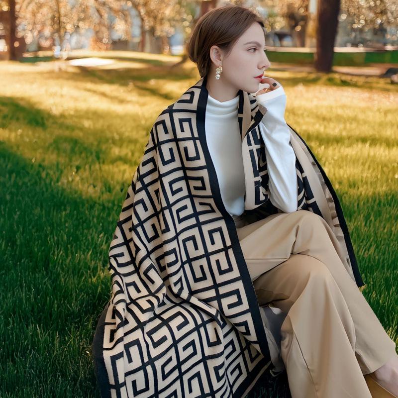 2025 High-End Women's Korean Style Versatile Shawl: Double-Sided, Warm, Imitation Cashmere Scarf with Old Flower Design for Autumn/Winter.