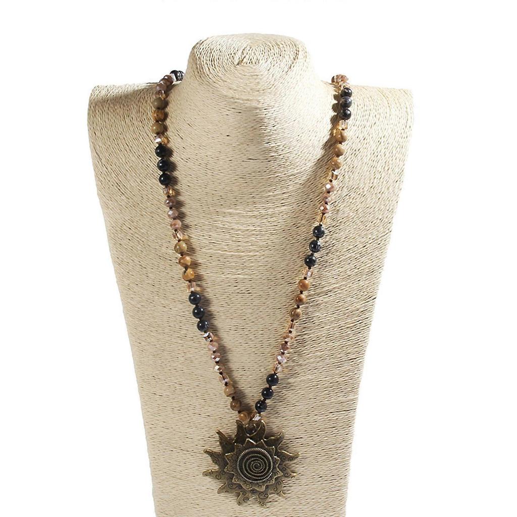 Handcrafted Sun Pendant Necklace Sweater Chain Jewelry with 8mm Natural Stone and Glass Beads in Elegant Antique Tone  dark brown