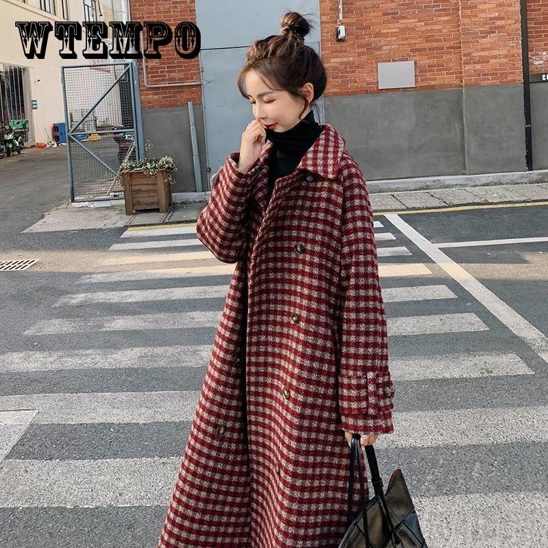 

Клетчатое шерстяное пальто женское зимнее средней длины новое корейское свободное утепленное популярное шерстяное пальто