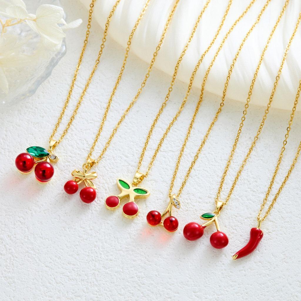New Sweet and Cute Dripping Oil Strawberry Cherry Titanium Steel Necklace Female Simple Versatile Fruit Series Collarbone Chain