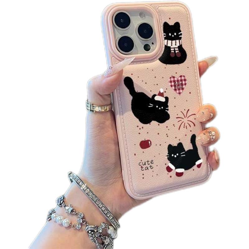 Christmas Black Cat Leather Texture Phone Case for iPhone 17, 16 Pro Max, 14, 13, & 12