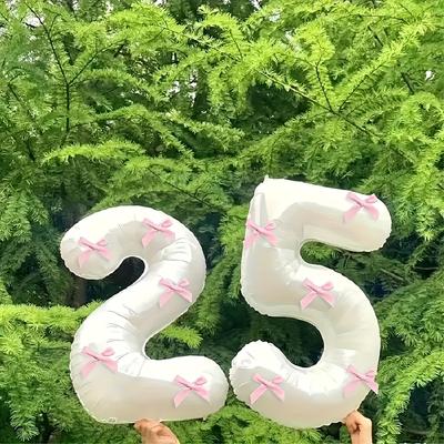 1pc 32 Inch White Number Aluminum Foil Balloon 5pcs Bow and Dot Glue Combination Birthday Anniversary Festivals Party Decoration