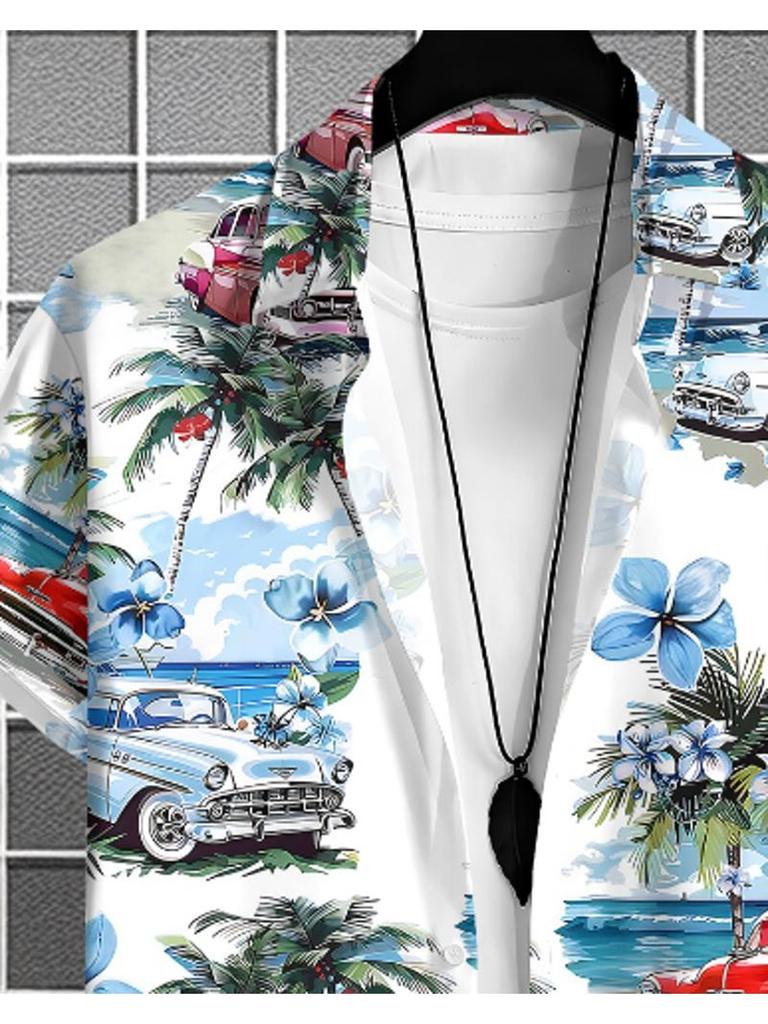 Men's Casual Short - Sleeve Shirt with Coconut Tree & Car Prints, Made of Polyester Fiber, Mixed Color, Multiple Specifications Available, Suitable