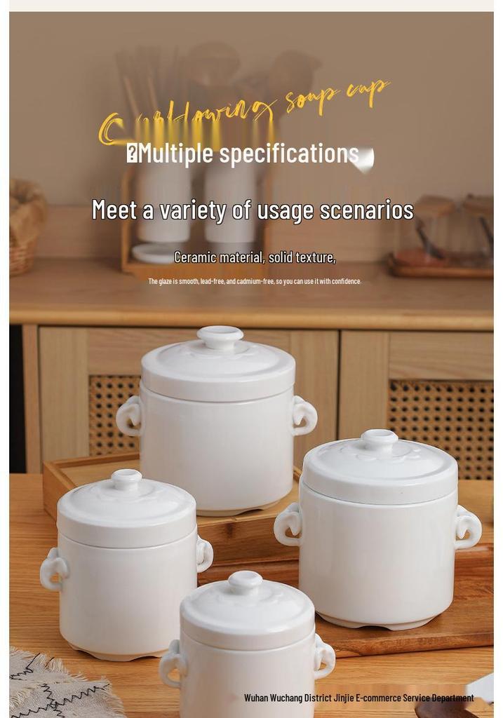 Ceramic Double Lid Stew & Soup Pot with Double Ears for Steaming & Stewed Eggs