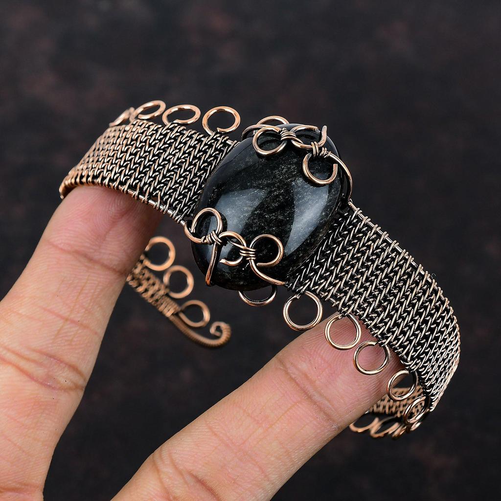 Silberglanz Obsidian Armreif Edelstein Manschettenarmband Kupferdraht Umwickelt Verstellbares Manschettenarmband Kupferschmuck Geschenk für Sie Handgemachter Armreif