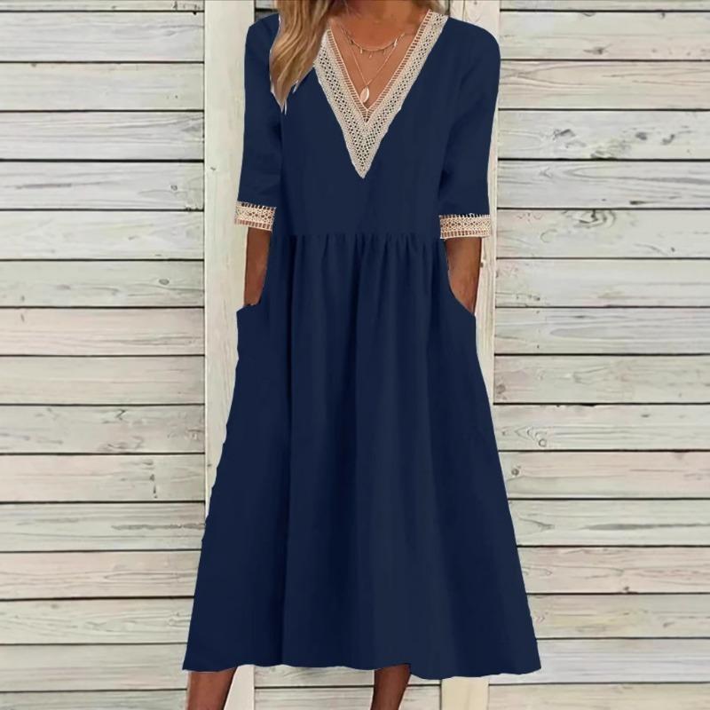 Mote V-hals Stor Størrelse Kort Erm Sommerkjole Kvinner Elegant Løs Kontor Casual A-linje Selskapsblonderkjoler Ensfarget Dame Plissert Hul Bekledning