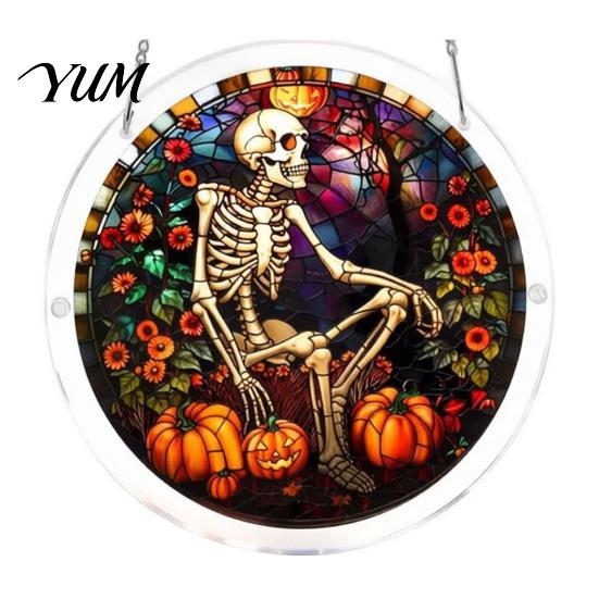 Unique Birthday Gift for Her Halloween Moon Black Cat Suncatcher Jigsaw Puzzle, 2D Acrylic Mystical Feline Window Hanging Tiffany Style Light